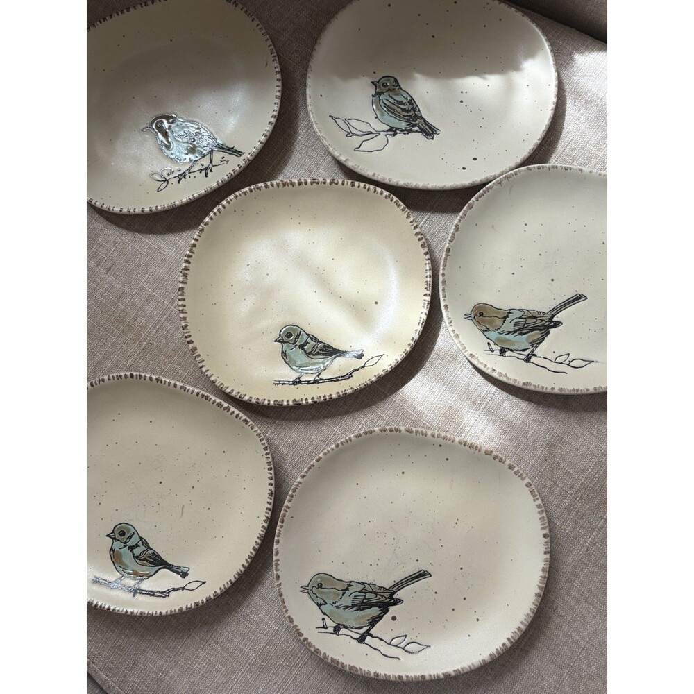 Set 6 Spectrum Designz Aqua Spring Bird Plate 6” Pottery Boho Designer Sparrow